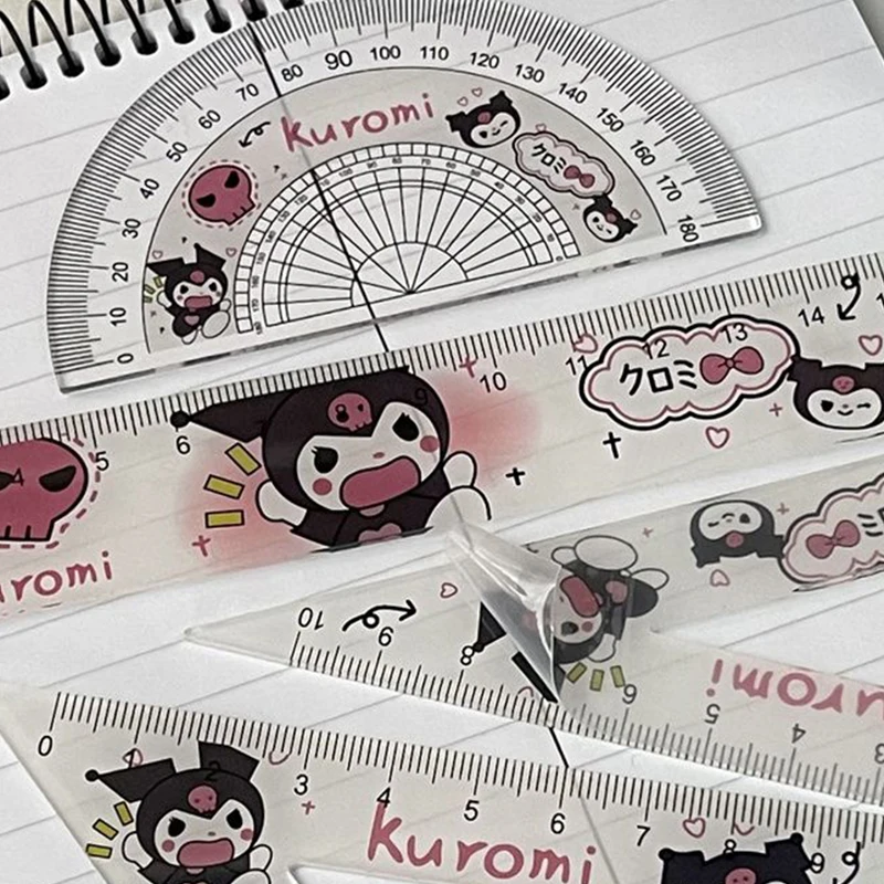 4Pcs/Set Sanrio Ruler Set Cartoon Kuromi Cinnamoroll Acrylic Ruler Set Triangle Straight Edge Round Ruler Student Stationery