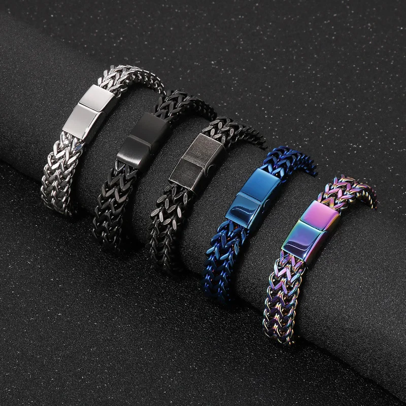 Fashion Double‑Row Dragon‑Bone Chain Bracelet, Punk Retro Reversible‑Link Magnetic Clasp Titanium‑Steel Men Wrist Jewelry