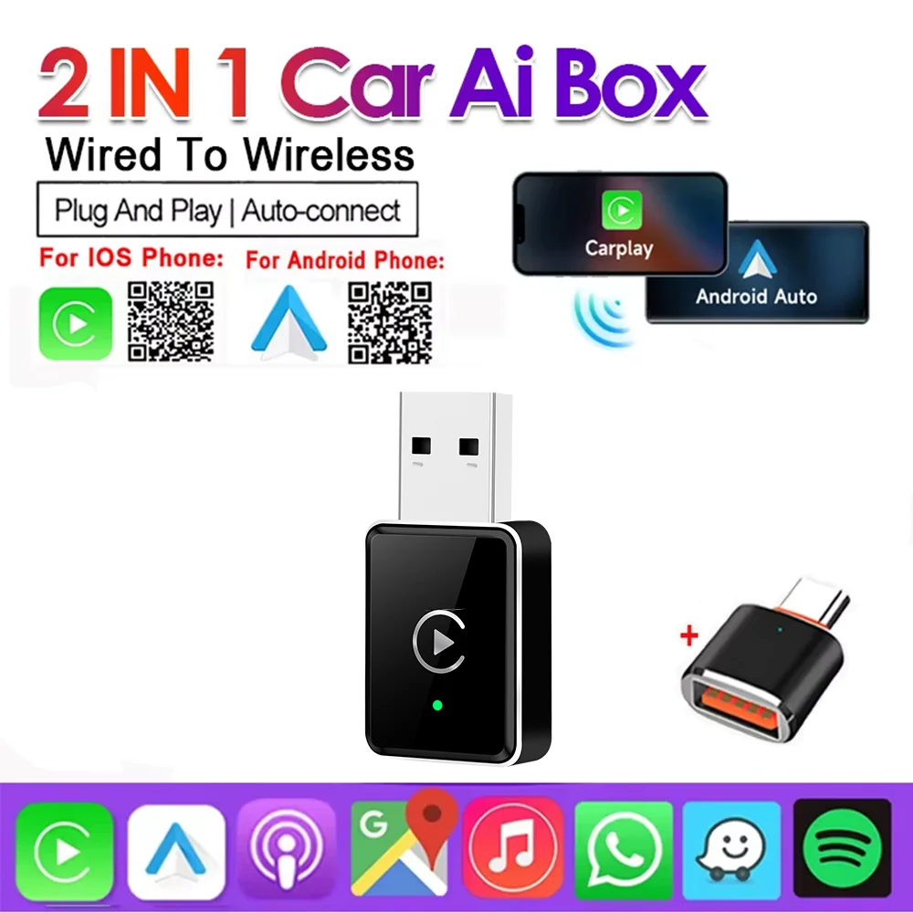 

2026 2-in-1 Wireless Adapter Compatible with CarPlay Android Auto Wired to Wireless Dongle Plug and Play Universal Car Accessory