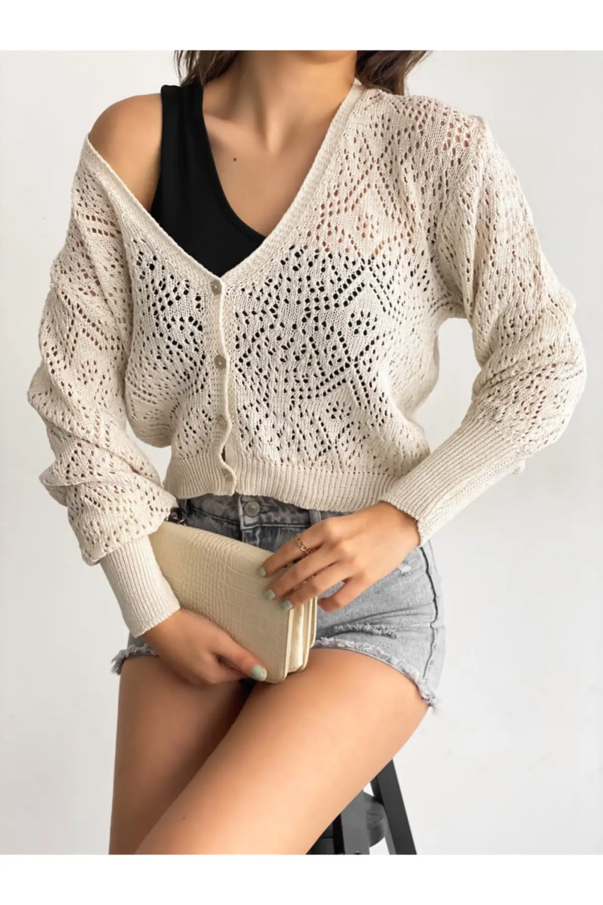 Openwork Women's Seasonal Long Sleeve Buttoned Crop Cardigan Ecru.Special design product. High quality women's clothing product.