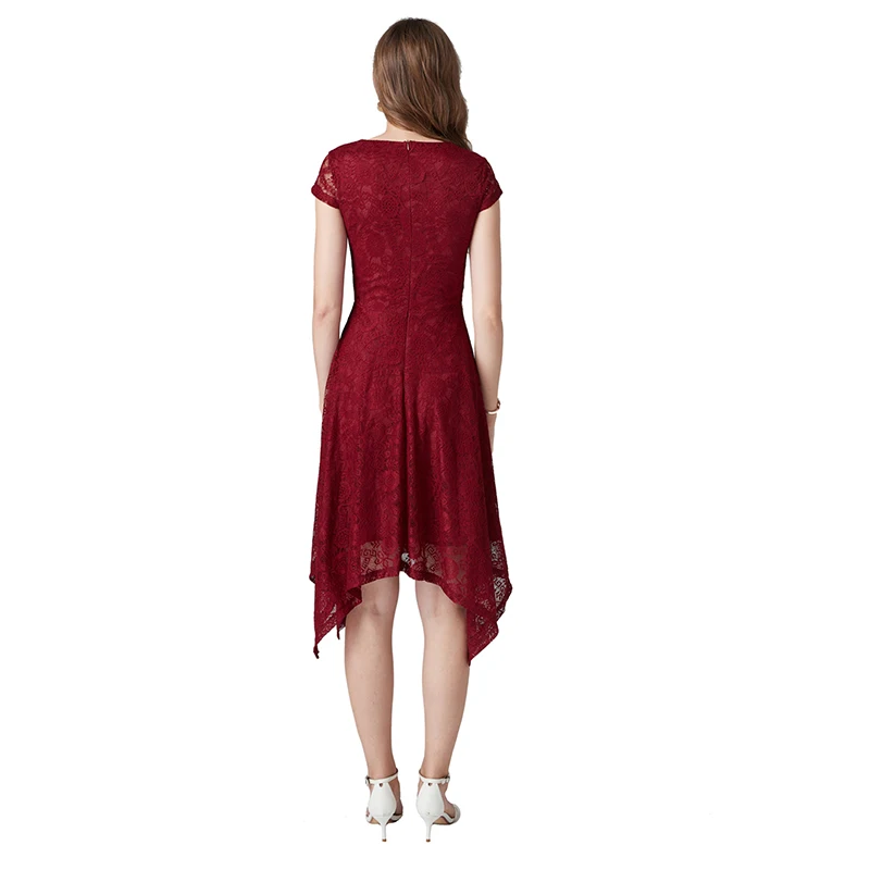 DongCMY vestido de fiesta de encaje Alto y Bajo para mujer, prenda elegante de Color Burdeos con cuello redondo, talla grande, ideal para ocasiones especiales