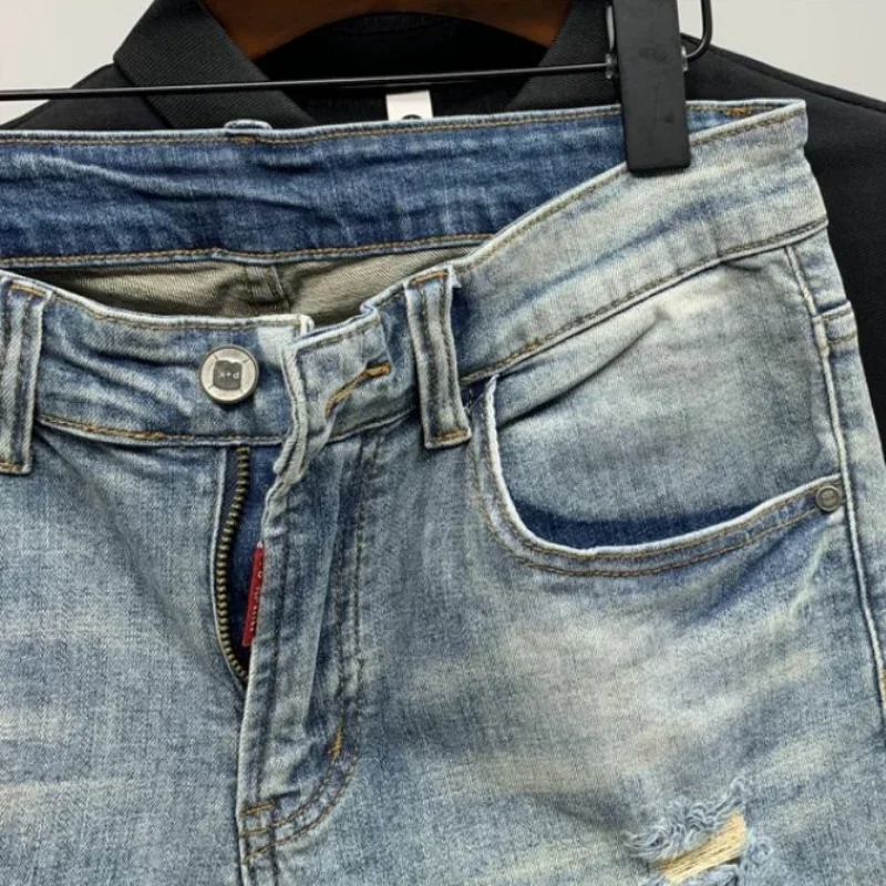 Male Denim Shorts with Pockets Blue Men\'s Short Jeans Pants Ripped Spliced New in Jorts Harajuku Korean Fashion Cowboy Thin Y2k