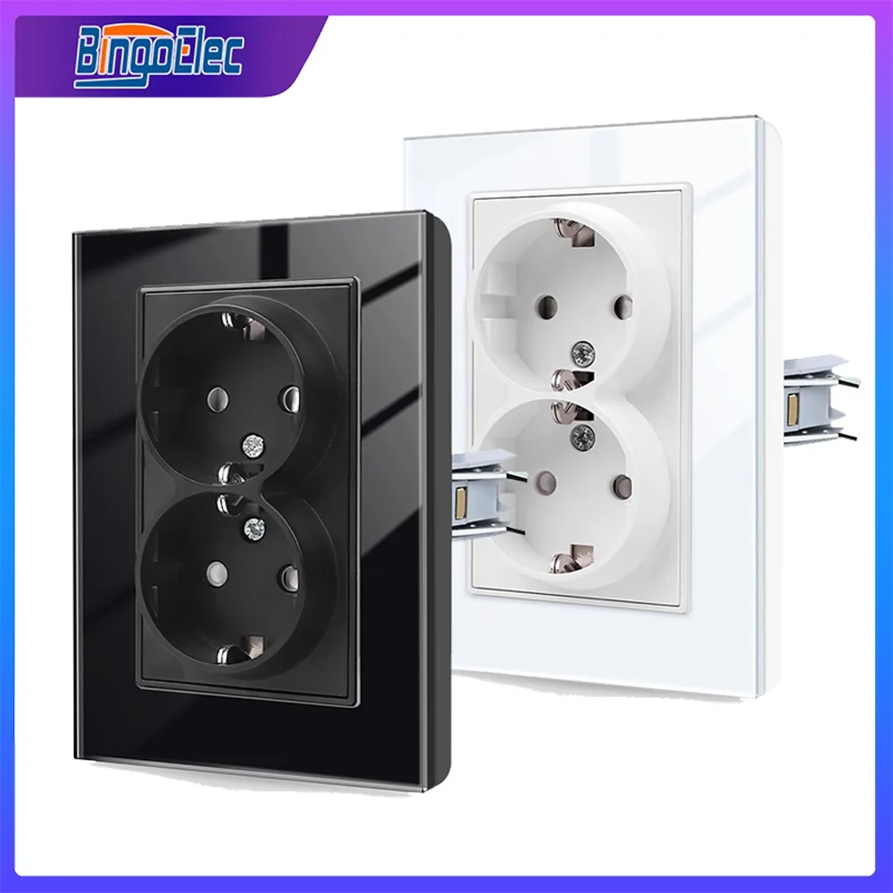 Double EU Wall Power Socket 120*86mmTempered Glass Panel 2 EU Stadnard Electrical Outlets AC Power Points Plug Outlets 110-250V