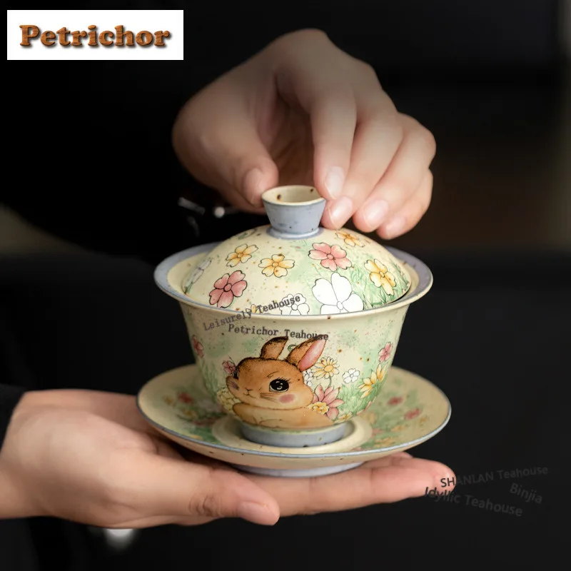 140ML Caramel Glaze Rabbit Flower Gaiwan Japanese Tea Tureen Tea Bowl with Lid Kit Tea Maker Cover Bowl Tea Ceremony Decoration