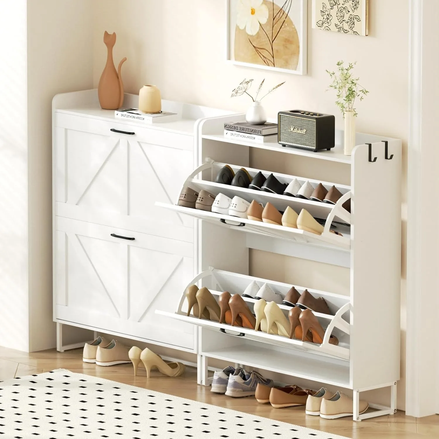 White White Slim Flip Drawer Shoe Cabinet, Freestanding Hidden Shoe Storage Organizer with Open Top Shelf & Side Hooks, Farmhouse Narrow Shoe Rack for Entryway Hallway Bedroom - Aliexpress Deal