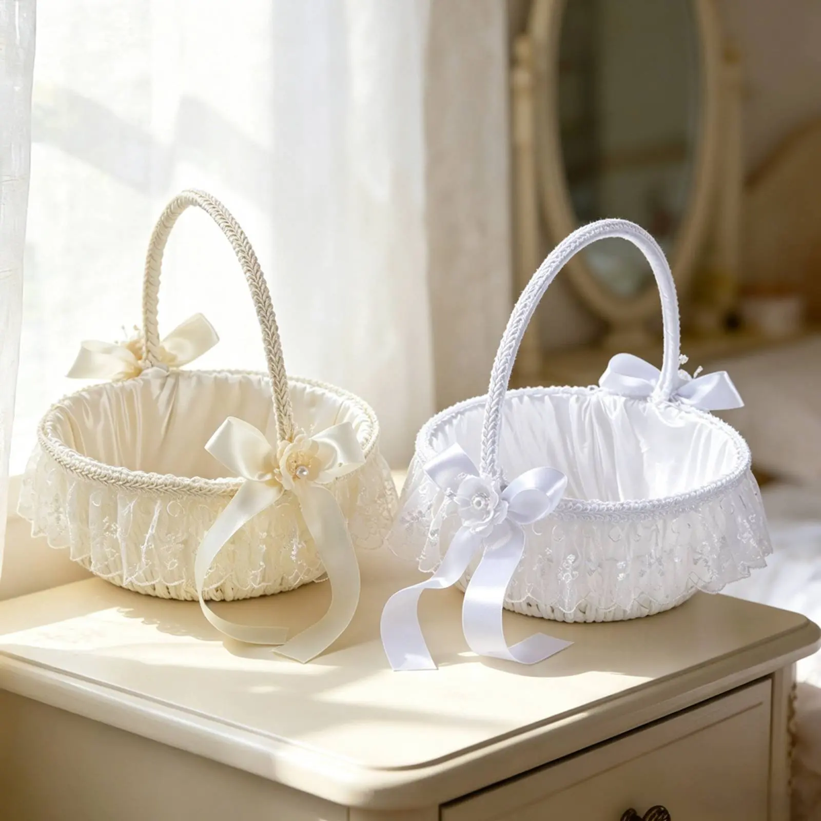 Flower Girl Basket Woven Handle Wedding Petal Basket Ceremony Decor Ribbon Bow Lightweight