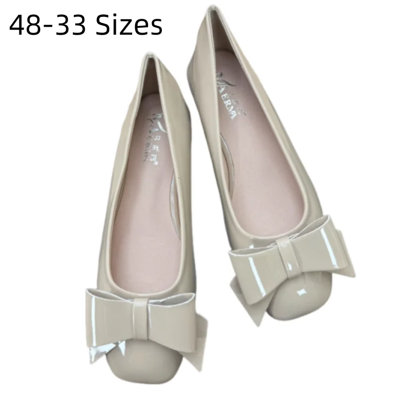 Lady Shiny Leather Flats Square Tip Big Bow Hand Made Beauty Classy Shoes Hot Selling New Arrivals Slip-On 48 33 47 28cm Pinkish