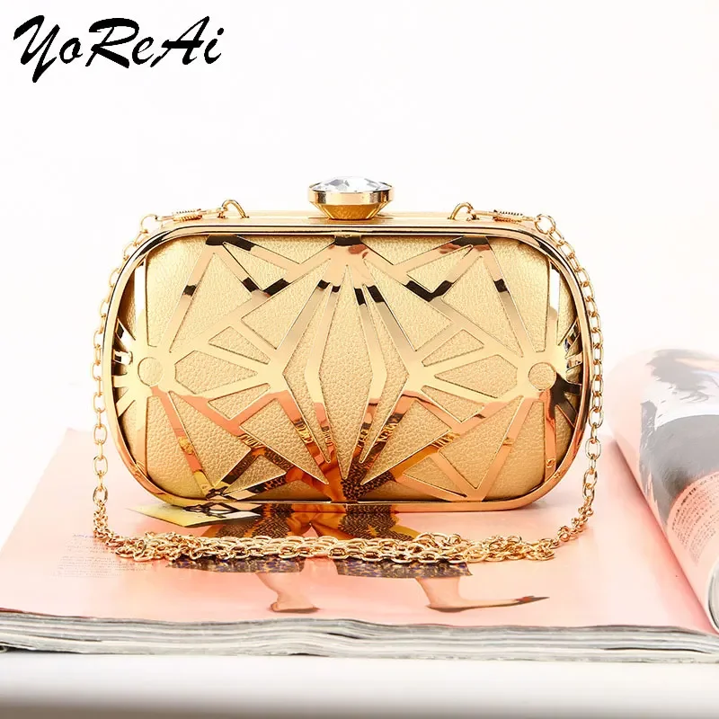 New Fashion Women Evening Bag Cute Golden PU Leather Chain Handbags Luxury Party Prom Wedding Bags Diamond Lipstick Clutch