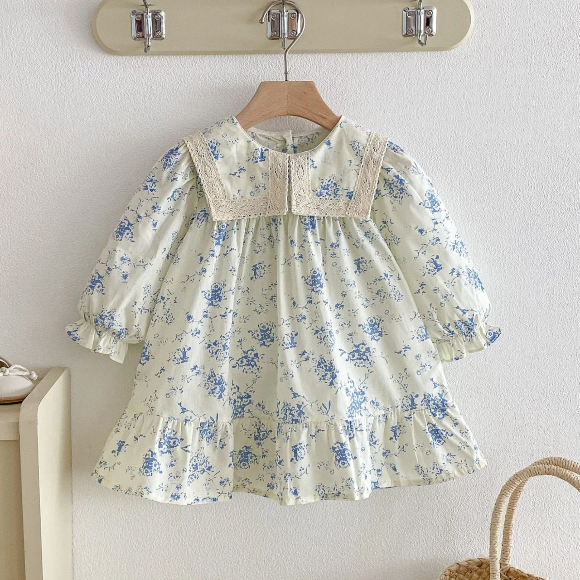 Girls Dress 2026 Spring and Summer New Childrens Clothing Korean Style Girl Baby Foreign Style Lapel Print Flower Princess Dress