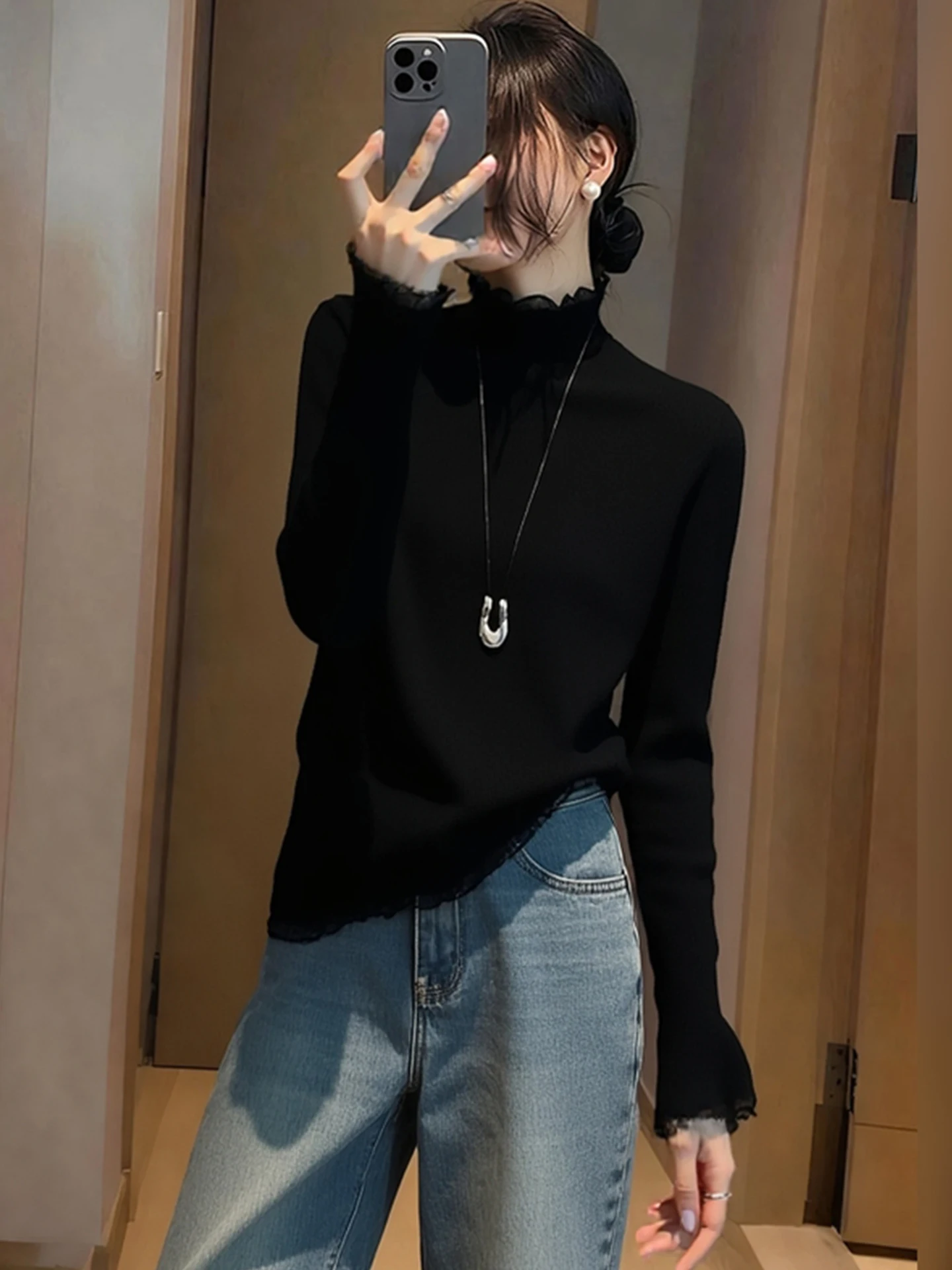 

Ele Bla Long Sve f High Ne Knitted Base irt Spring Autumn Season Commute Sle Slim Fit Korean Faion