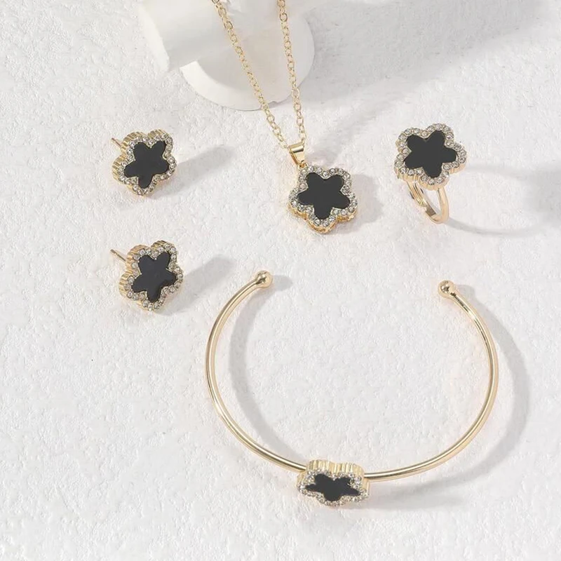 4 PCS Set Flower Shape Pendant Earring Ring Bangle Set Crystal Stone Necklace Earring Stud Cuff Bangle Open RingJewelry Set image 2