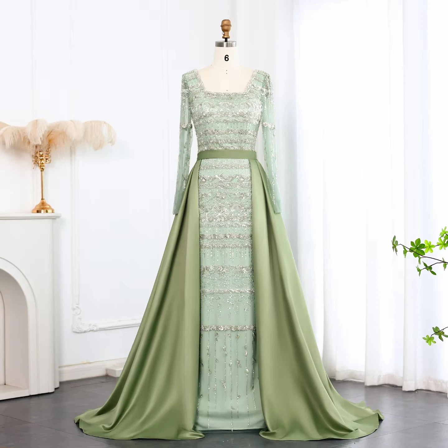 

Customized Elegant Sage Green Luxury Dubai Evening Dress With Detachable Overskirt Long Sleeves Muslim Formal Party Gown Lsz238A