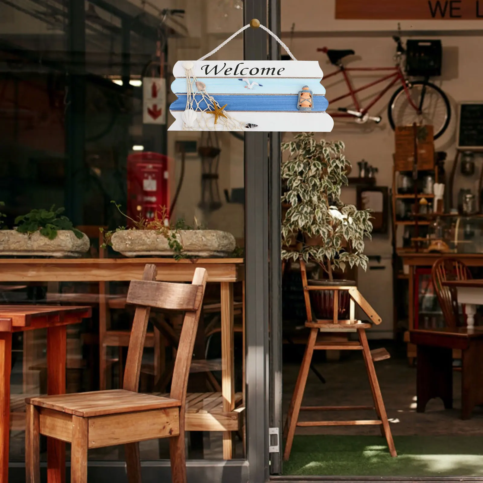 

1pc Wooden Welcome Sign Blue Hand-Painted Mediterranean Wall Decor For Home Cafe Restaurant Door Hanging Beach Theme Party