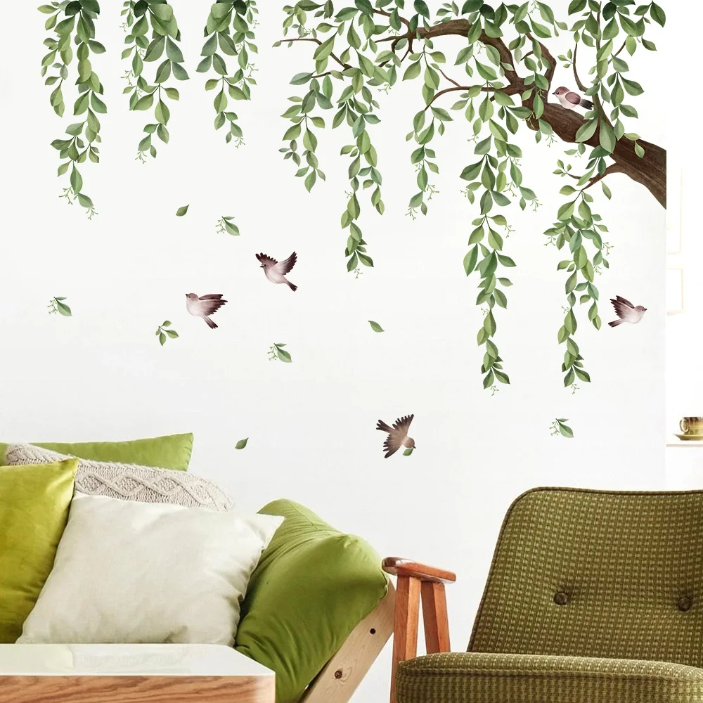 ملصقات حائط حبر أوراق خضراء طبيعة لغرفة المعيشة وغرفة النوم والمنزل وخلفية الزهور وديكور الحائط ملصق ذاتي اللصق