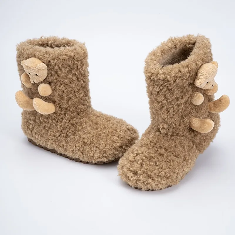 لطيف الدب الفتيات الدافئة أفخم التمهيد الشتاء الثلوج الأحذية جولة تو الانزلاق على الأطفال أحذية قطنية طفل موضة المضادة للانزلاق حذاء من الجلد #4