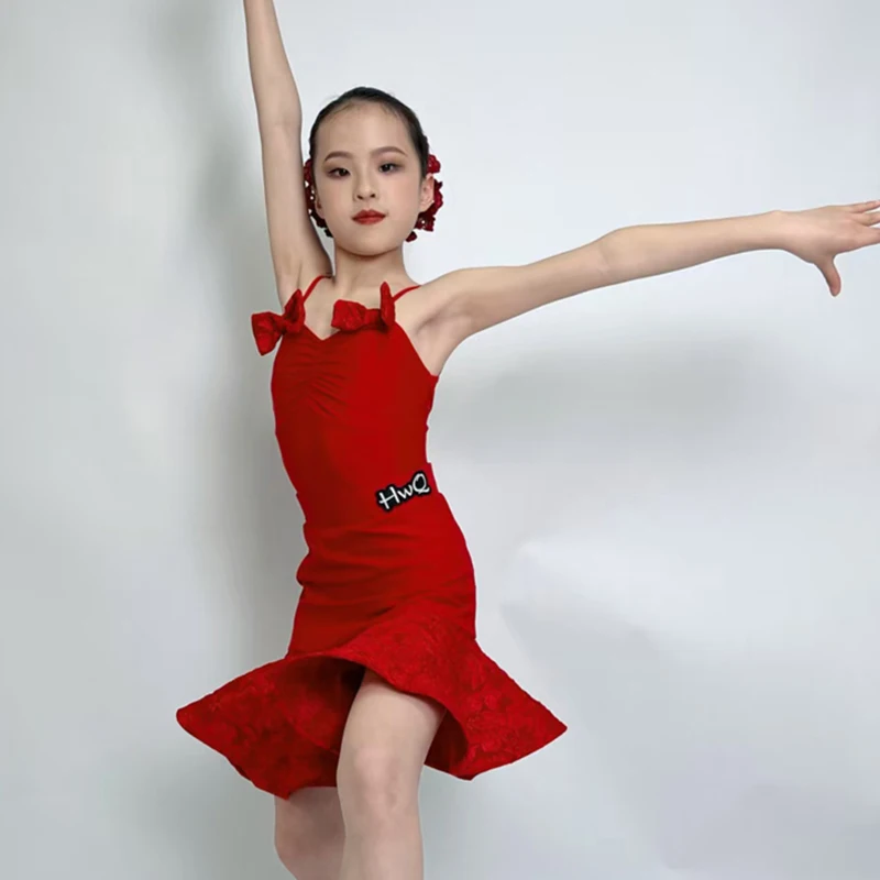 

2025 Latin Dance Costume Children Red Bow Sleeveless Practice Set Girls Samba Performance Wear Latin Fishbone Skirt Set XH2587