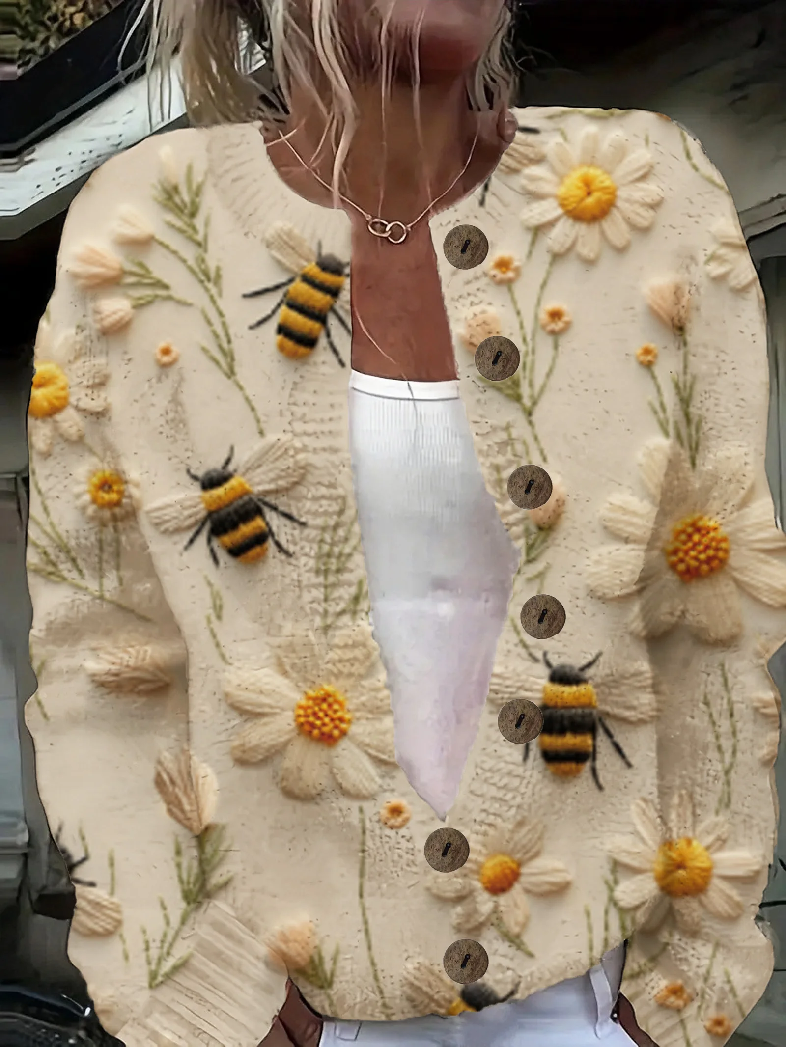 

Женский кардиган - с цветочным принтом пчелы, на пуговицах, модное пальто на все сезоны, повседневная официальная одежда, повседневный трикотаж.