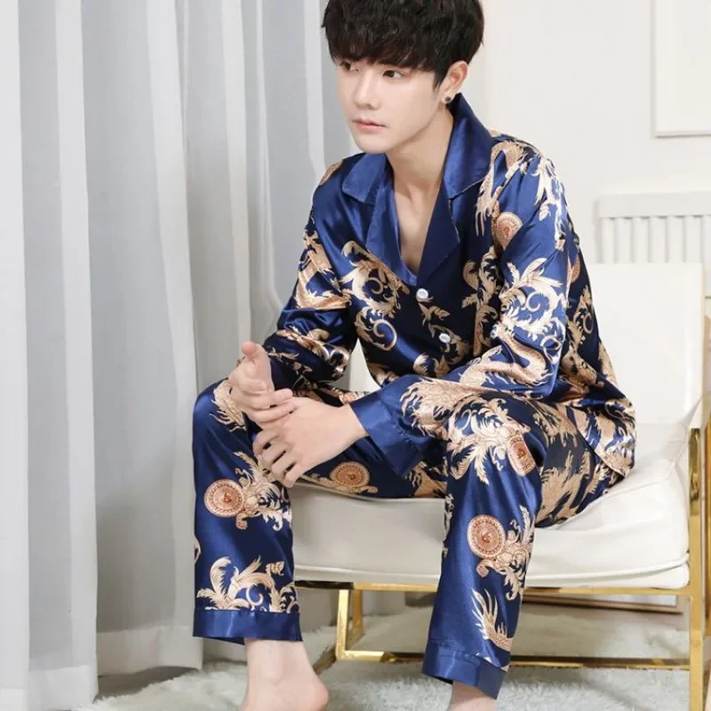 Luxury Brand Silk Pajamas Men Long Sleeve Button Shirt Long Pant Pajama Sets Homewear Loungewear Korean Loose Sleepwear New