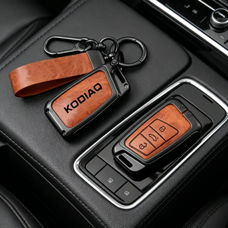 Etui na kluczyk samochodowy ze stopu cynku do Skoda Kodiaq 2020 2021 2023-2025, ochraniacz na pilot, skórzany brelok do kluczy.