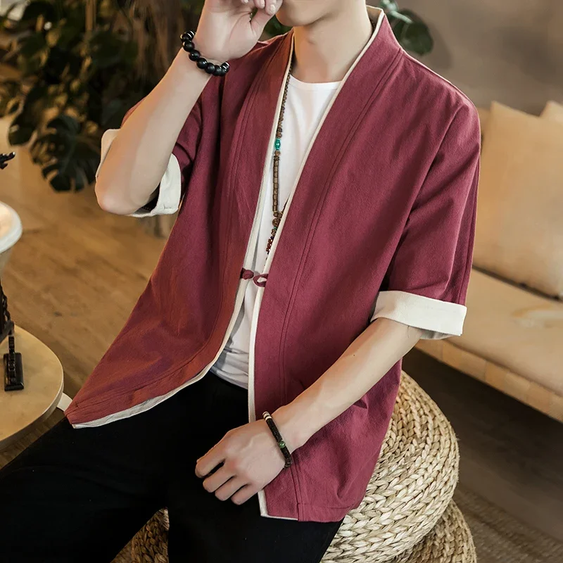 Summer Men's Kimono Jackets Cardigan Lightweight Casual Cotton Blends Linen Seven Sleeves Open Front Hanfu Coat