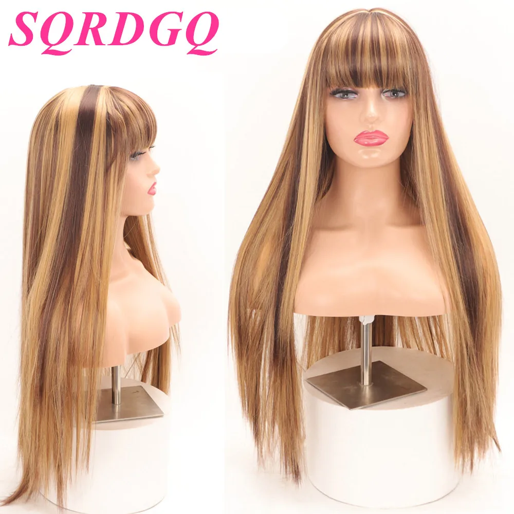 30 Zoll P4/27 Synthetische Perücke mit Pony, lange glatte Haarperücken für Damen, glatte, natürliche schwarze Perücken im Angebot, Piano-Farbperücke für Frauen