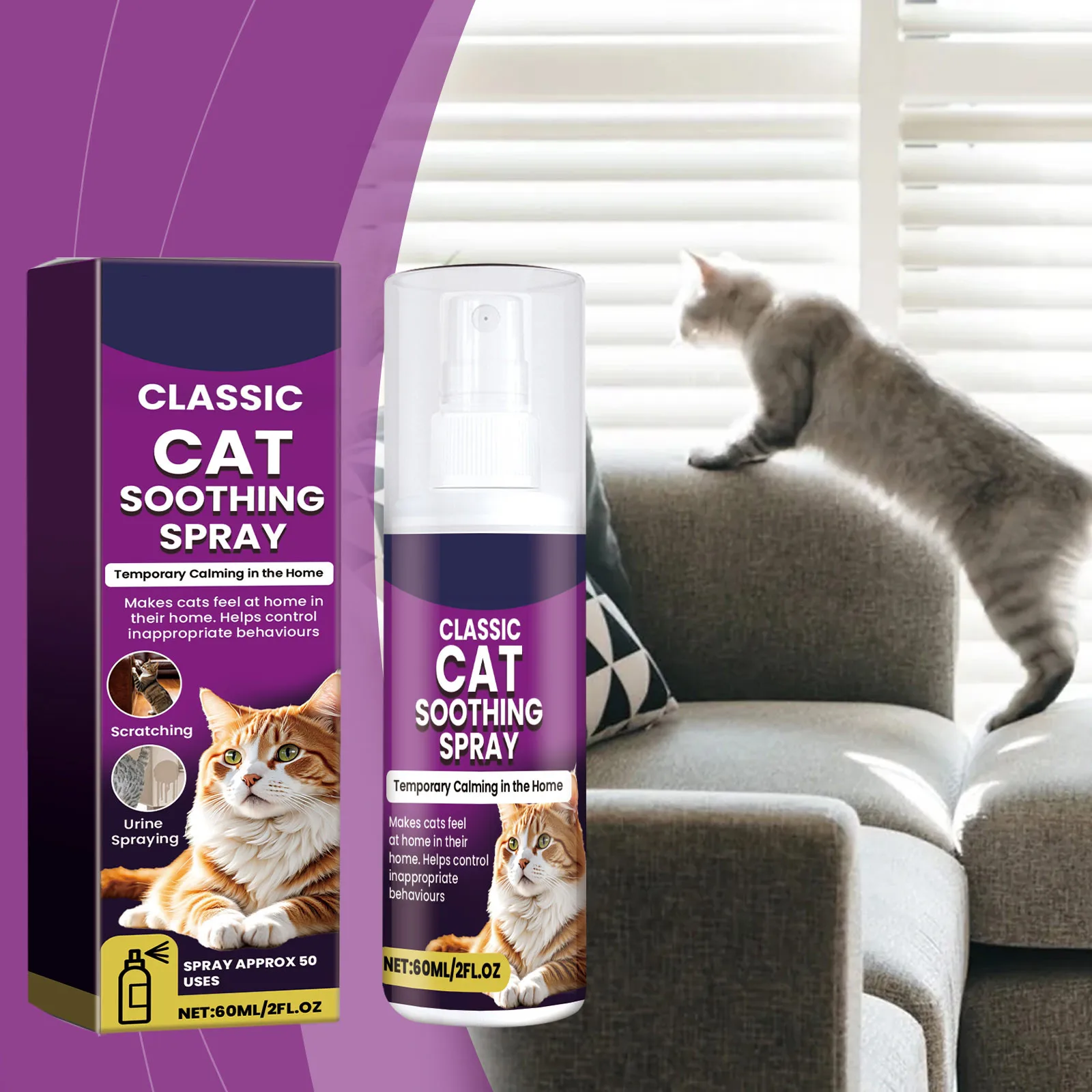 Spray calmante para gatos de 60ml para evitar arañazos y desordenar la minación, ingredientes suaves que reducen el rasguño, suministros para muebles