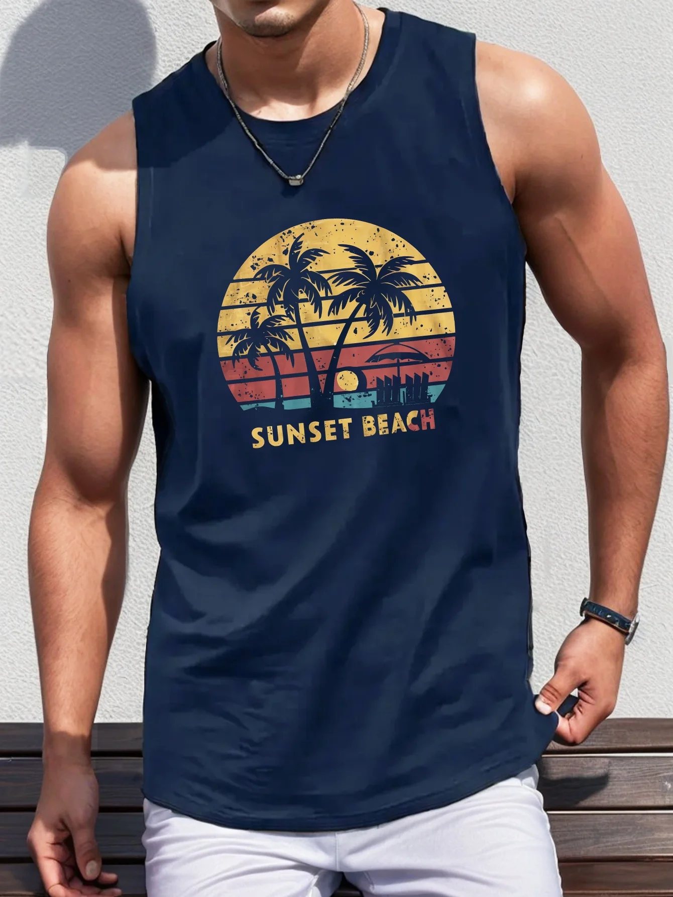 

Мужской полиэстеровый жилет с геометрическим закатным пляжным узором, круглая летняя рубашка без рукавов, повседневная облегающая рубашка с легкой эластичностью