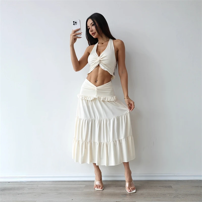 Seaside Knotted Tank Dress Set High Waist Midi Skirt Beach Vacation For Women Summer Resort Beach Party Chic Ocean Vibes