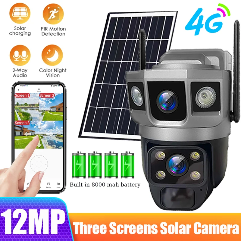 6K 12MP Dual Lens Solar IP Camera Three Screen Outdoor 4G Surveillance Waterproof Mobile Tracking Security Protection Cameras