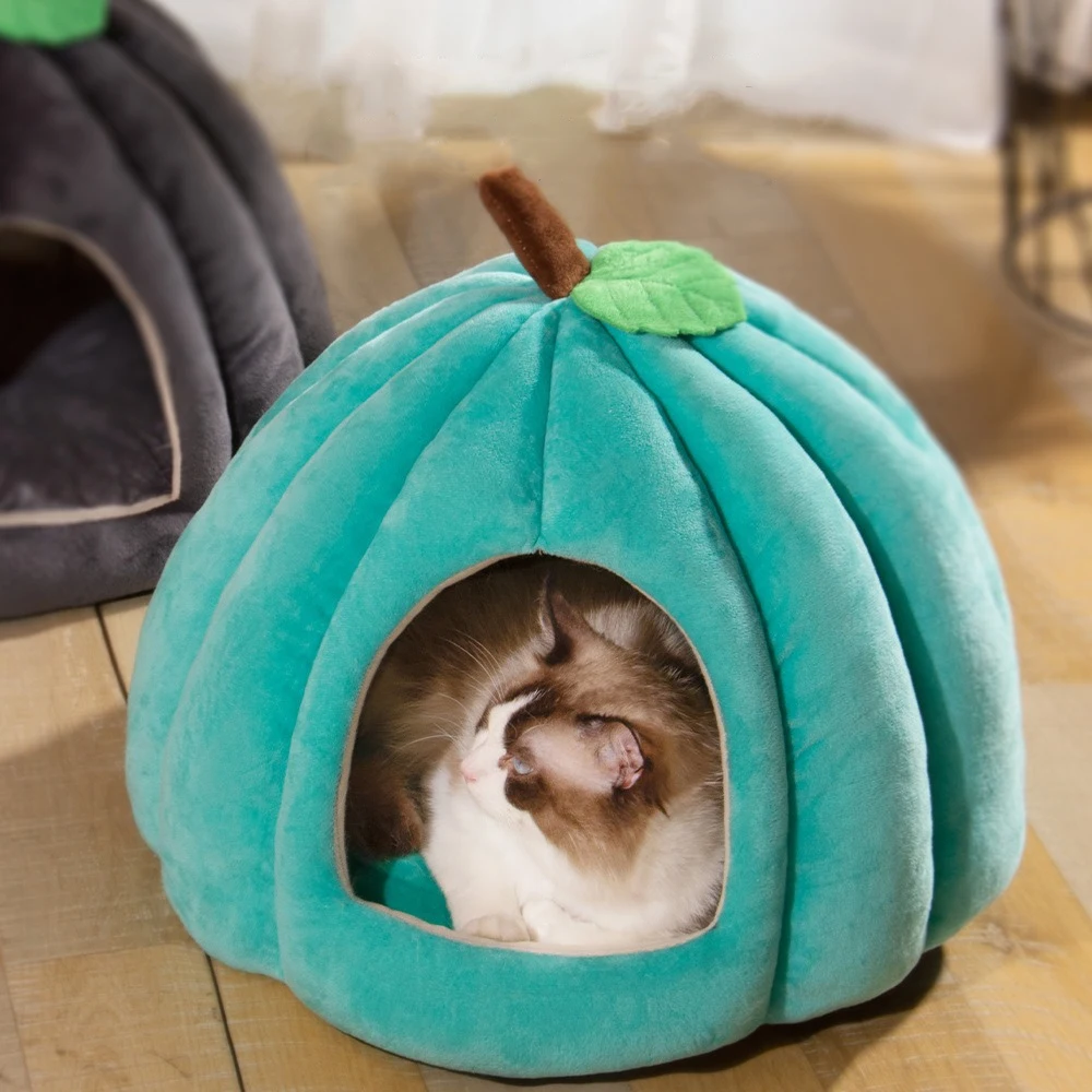 Semi Closed Cat Nest Winter Warm Pet Bed Pumpkin Shape Cozy Puppy Sleeping House Comfortable Indoor Kitten Deep Sleeping House