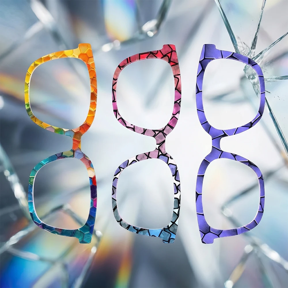 Rainbow Broken Mosaic Glass Pattern Square Eyeglass Frames Women Colorful Stained Optical Prescription Glasses Trendy Fashion