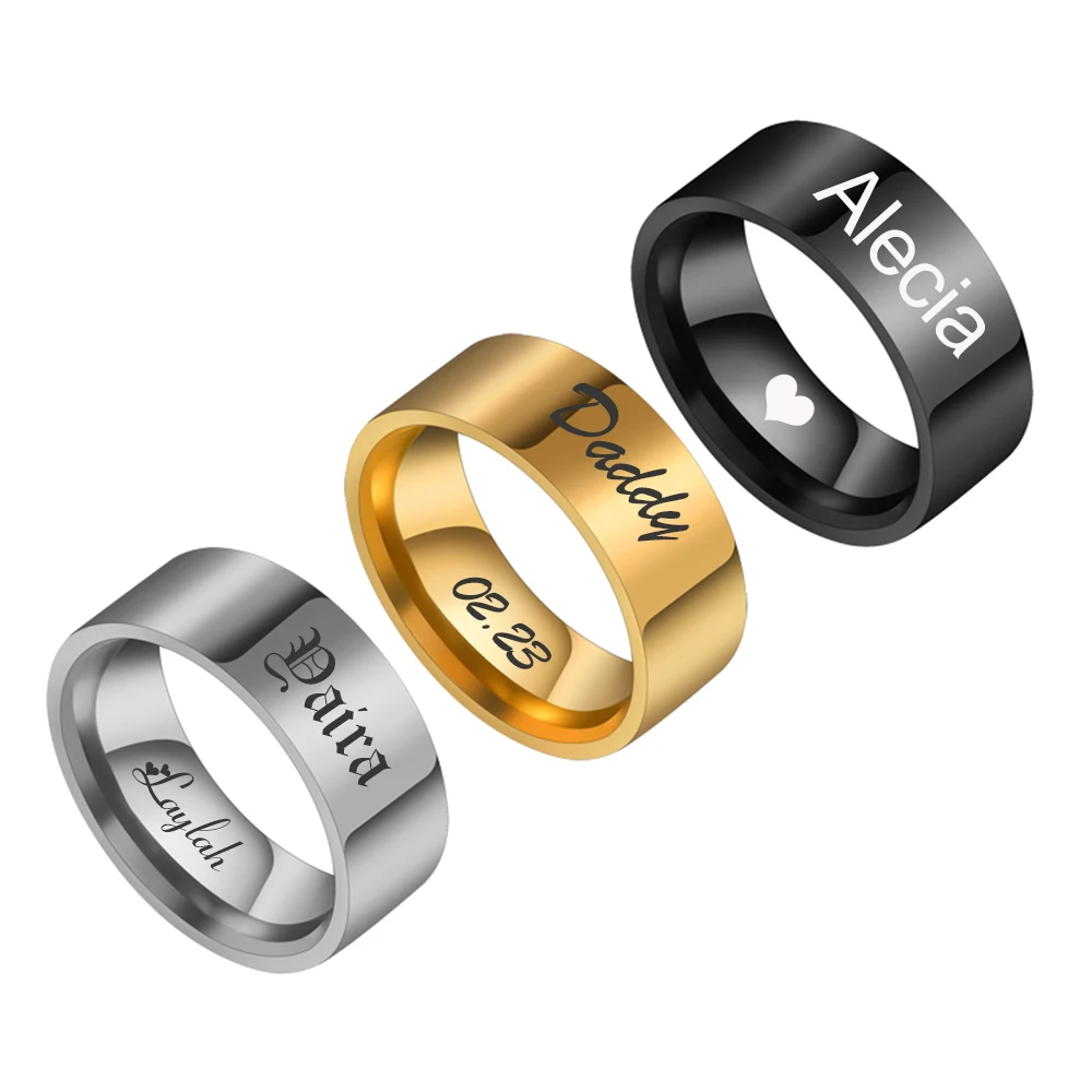 Personalized Engraved Name Date 8mm Punk Rings for Couple Women Men Stainless Steel Wedding Engagement Christmas Gift Anillos