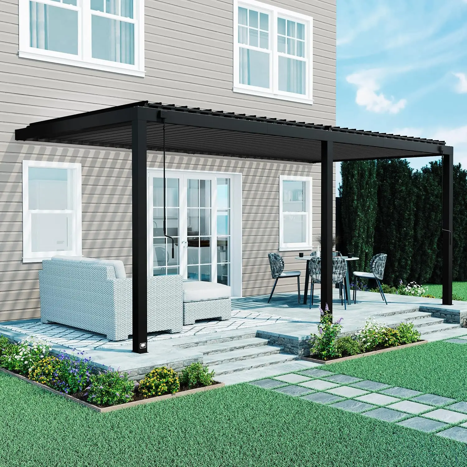 Evanston 20'x10' Galvanized Steel Wall-Mounted Louvered Pergola Kit with Adjustable Roof, Shade, Rain Protection, High-Wind Rati