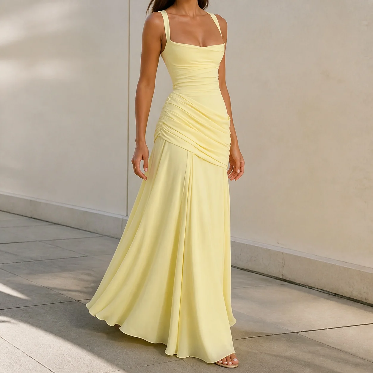 Backless Pleated Dress with Flared Skirt Streetwear Slip on Long Skirt Patchwork Spaghetti Strap Low Cut Dress for Women