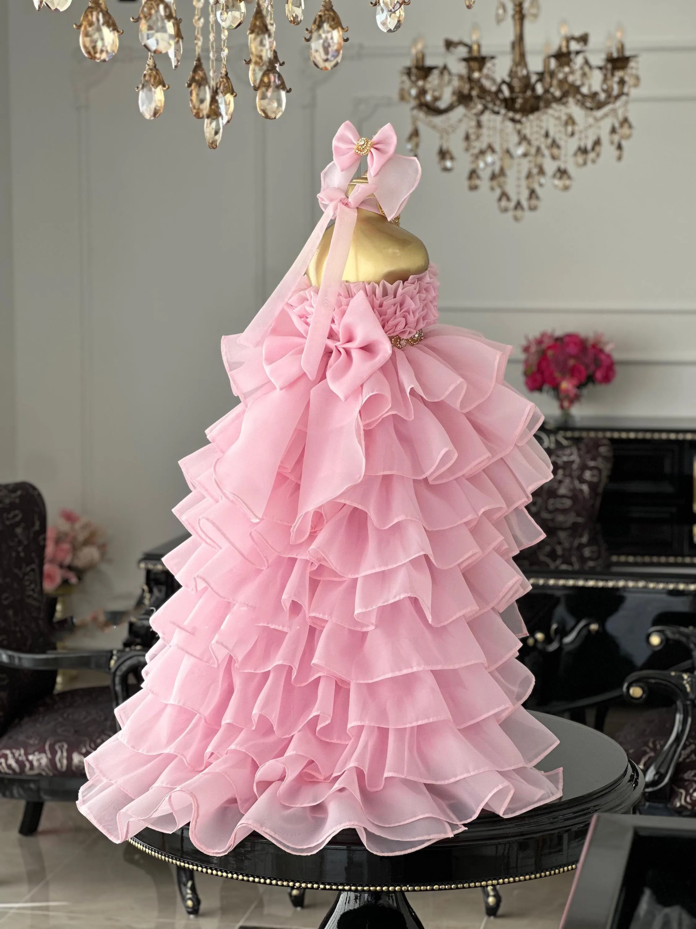 Weißer Tüll mit Perlen verziert, Rüschen und Schleife, Prinzessin-Blumenmädchenkleid für Hochzeit, Kindergeburtstag, Erstkommunion, Ballkleid, individuell