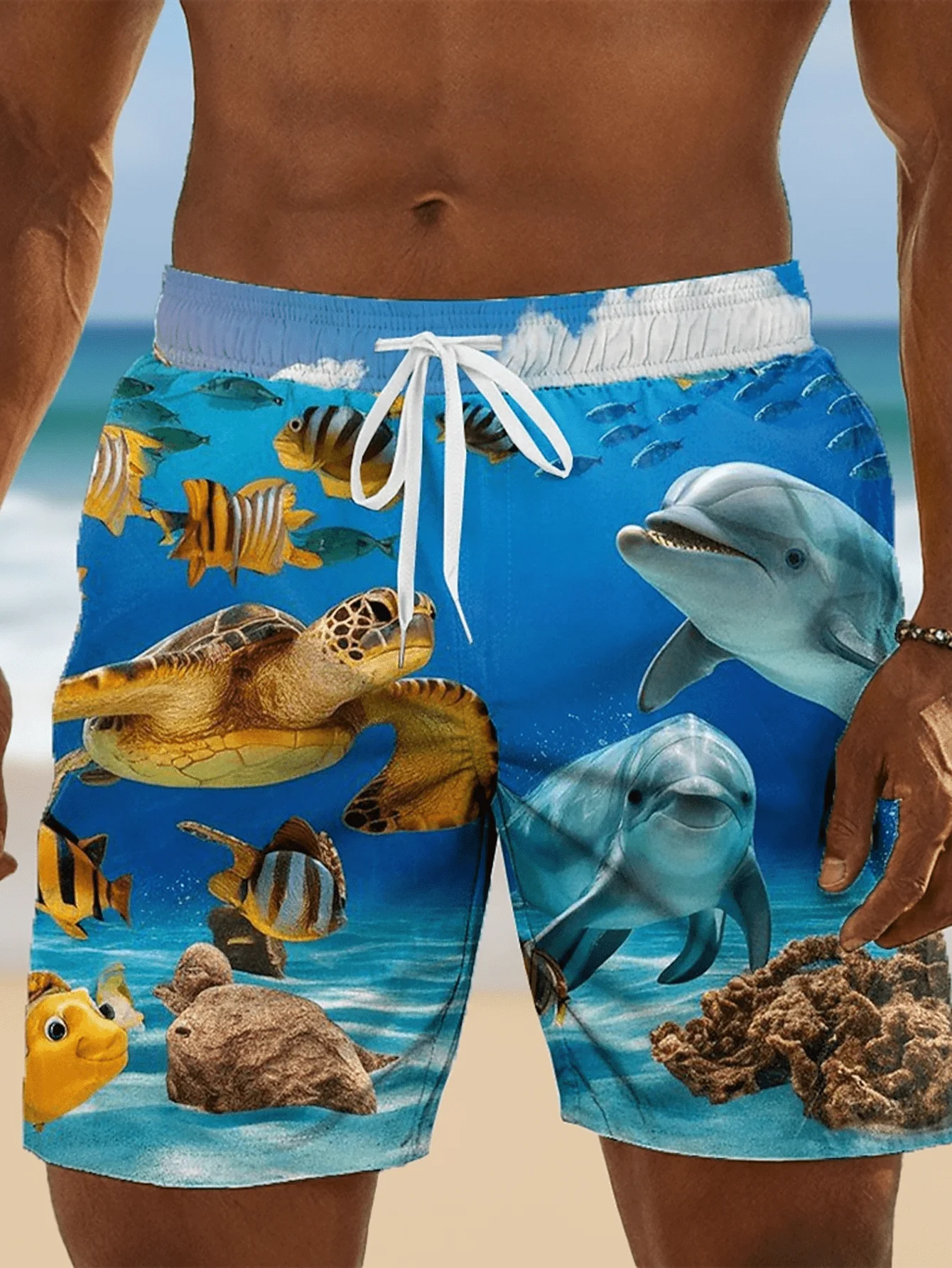 Men's Cute Doodle Print Rainbow Sun Cat Quick Dry Drawstring Waist Beach Shorts Swim Trunks 2026