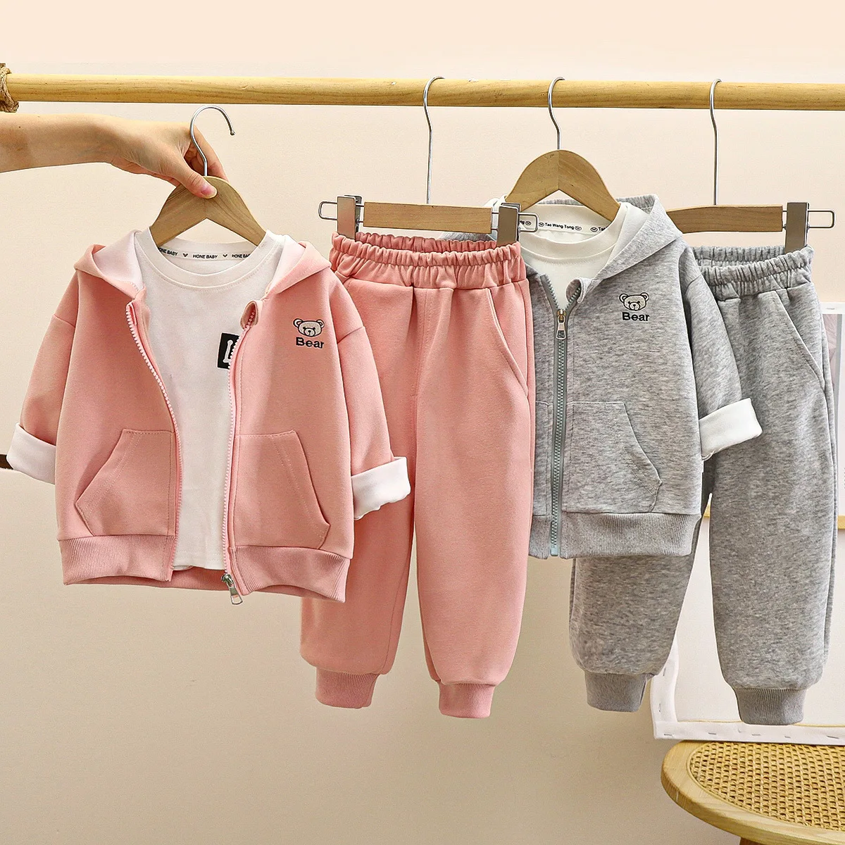 

2PCS New Cute Bear Baby Girl Boys Clothes Sets Autumn Long Sleeve Suit Hooded Jacket Coat Pants Children Zipper Clothes