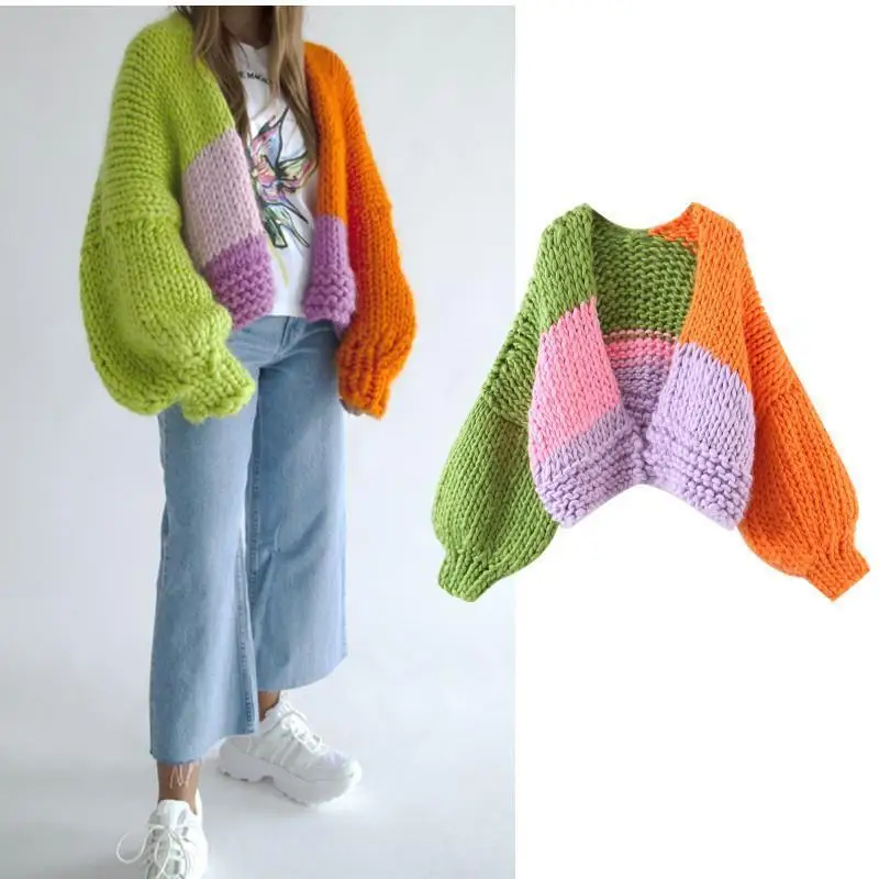 Autumn/Winter Colorful Knitted Cardigan Women Commuter Thread Colored Sweater Coat Long Sleeved V-neck Top Women Clothing