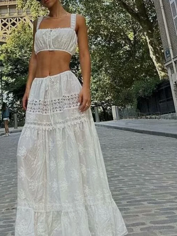 

Женский летний повседневный комплект из хлопковой смеси: кружевной топ с высокой талией и длинные брюки с асимметричным кроем на одно плечо