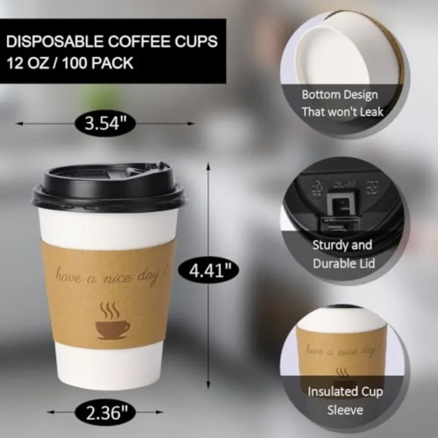 To Go Coffee Cups for Home Office Cafes and Party: 500-pack 12 oz disposable cups with lids white food-grade PP plastic leak-pr view 2
