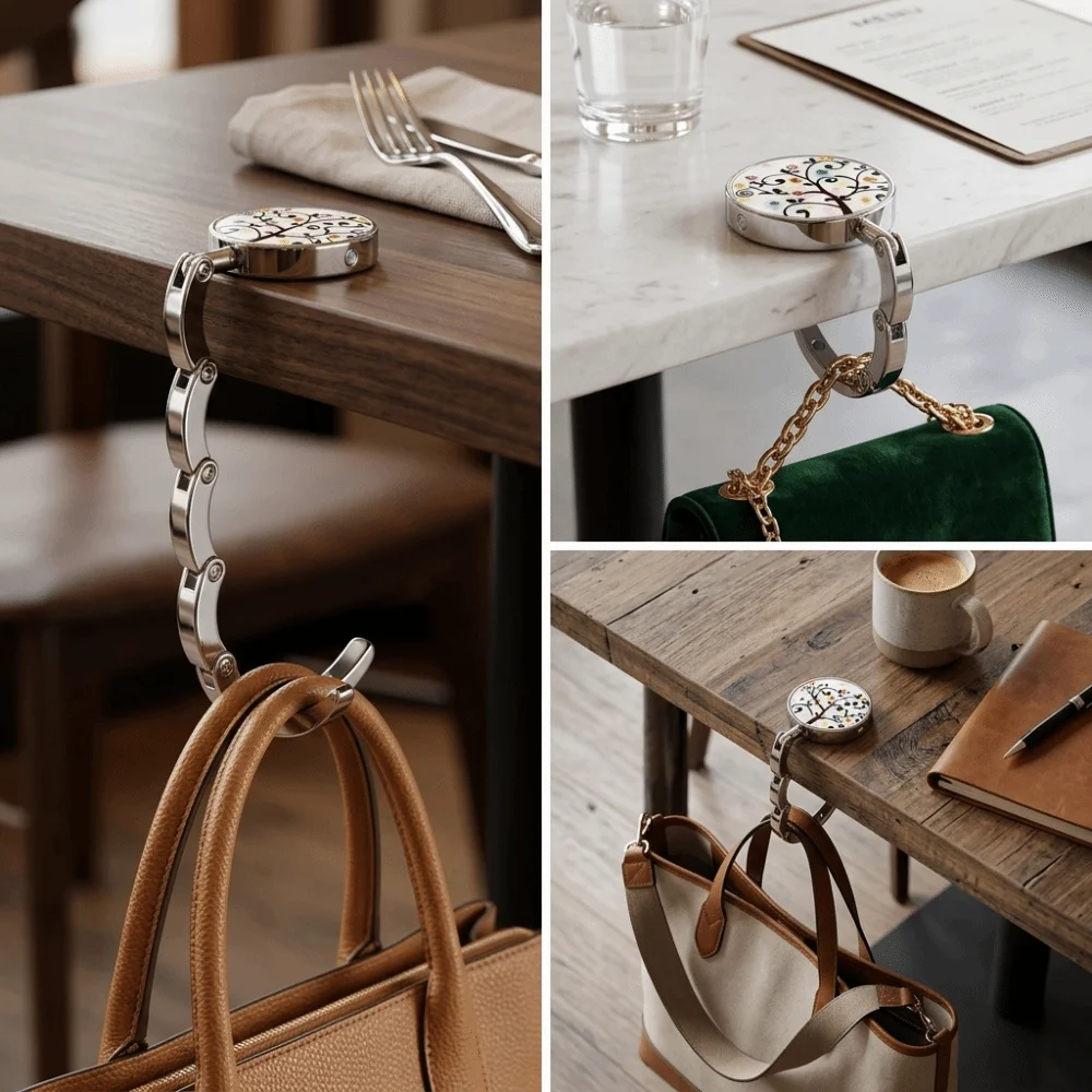 Delicate Gift Portable Purse Hook Folding Alloy Table Handbag Holder Non Slip Marble Pattern Bag Hanger Office Use
