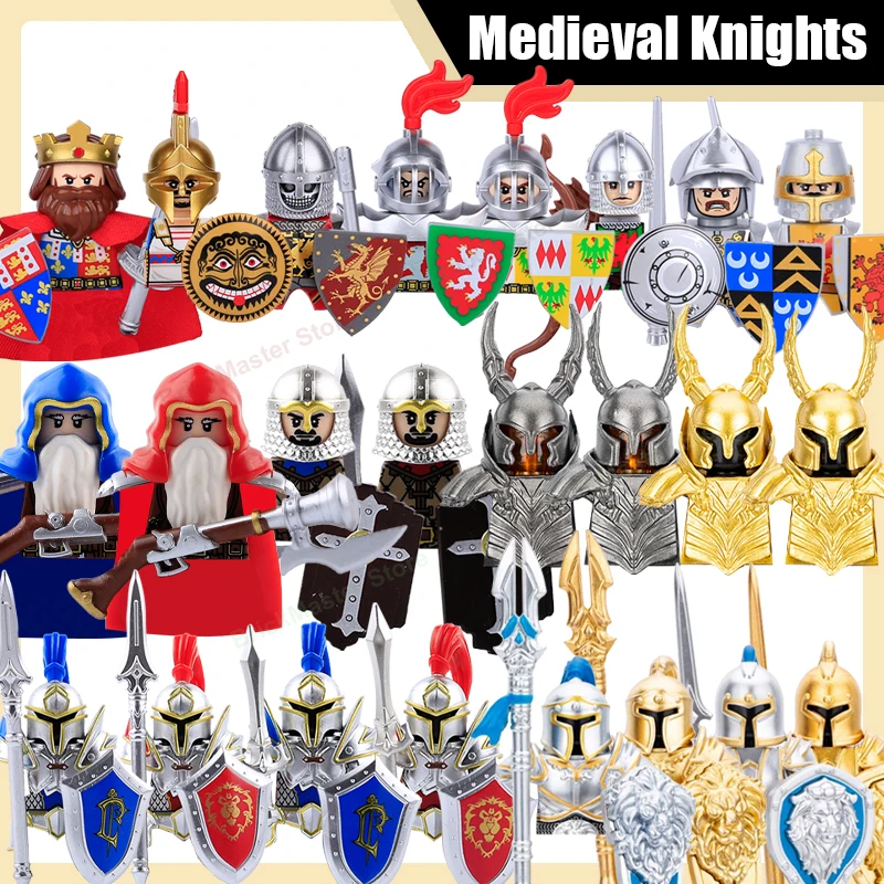 Mittelalterliche Burg Ritter Bausteine Militär Krieg Soldat Hopith Infanterie Wache Rüstung Schild Schwert Helm Krieger Ziegel Spielzeug