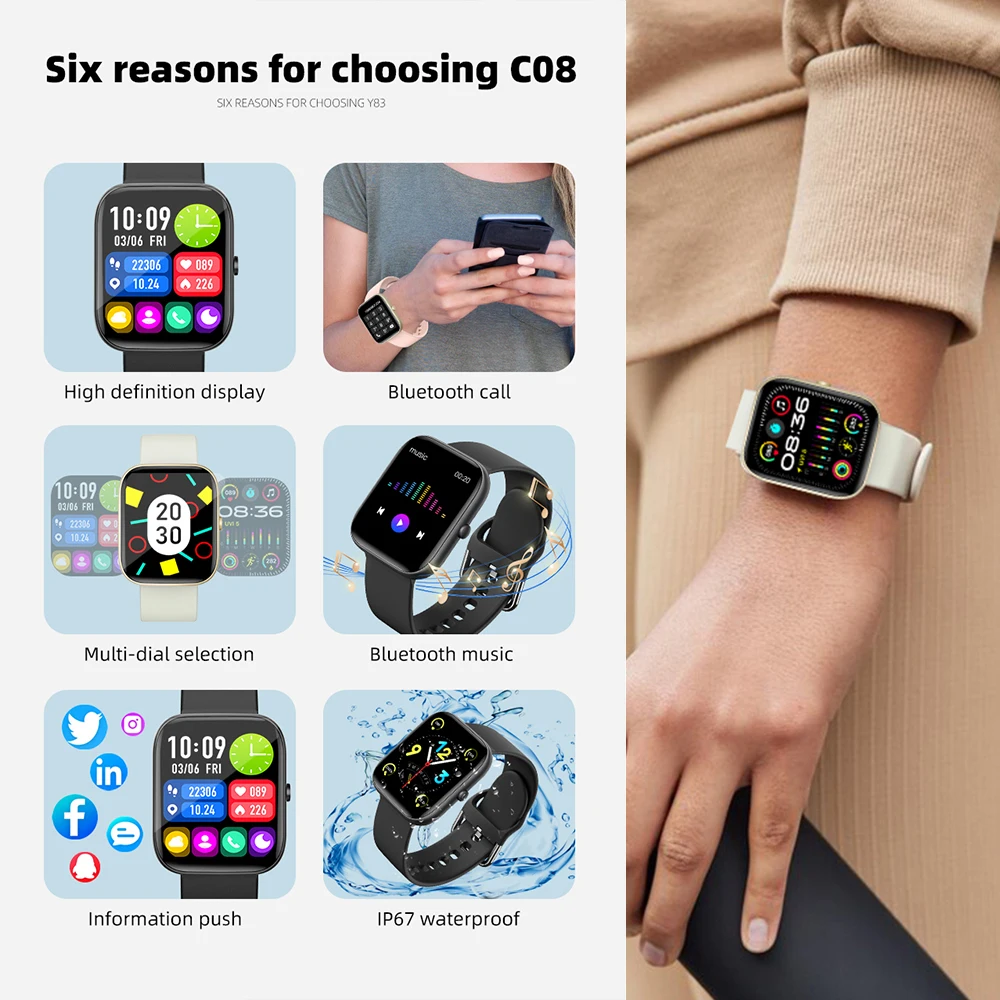 1.91 بوصة شاشة كبيرة موضة ساعة ذكية C08 بلوتوث دعوة اللياقة البدنية الرياضة Smartwatch الرجال النساء IP67 مقاوم للماء الصحة المقتفي