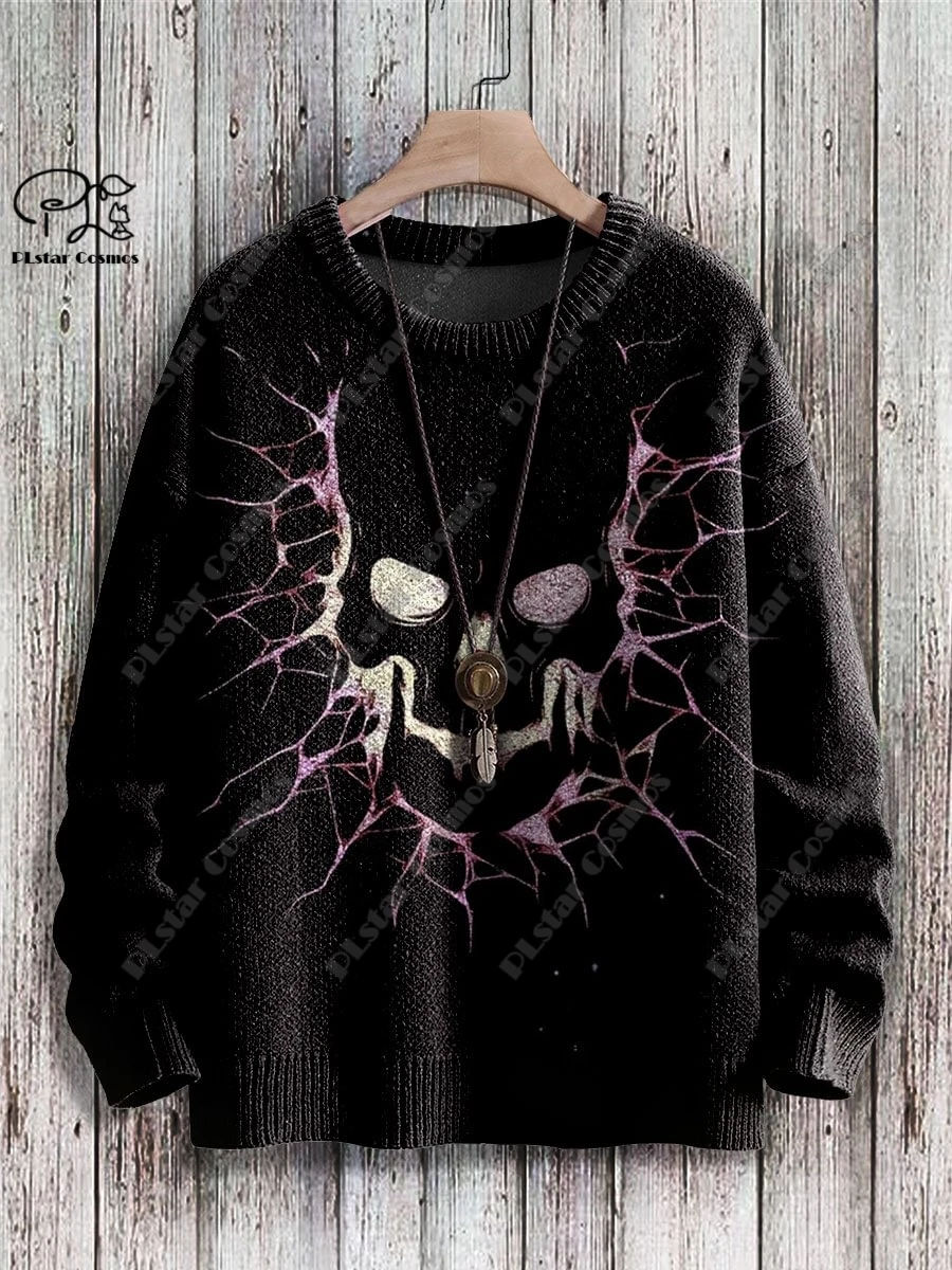 PLstar Cosmos New 3D Printed Horror Series Green Skull Pattern Ugly Sweater Winter Street Casual Unisex