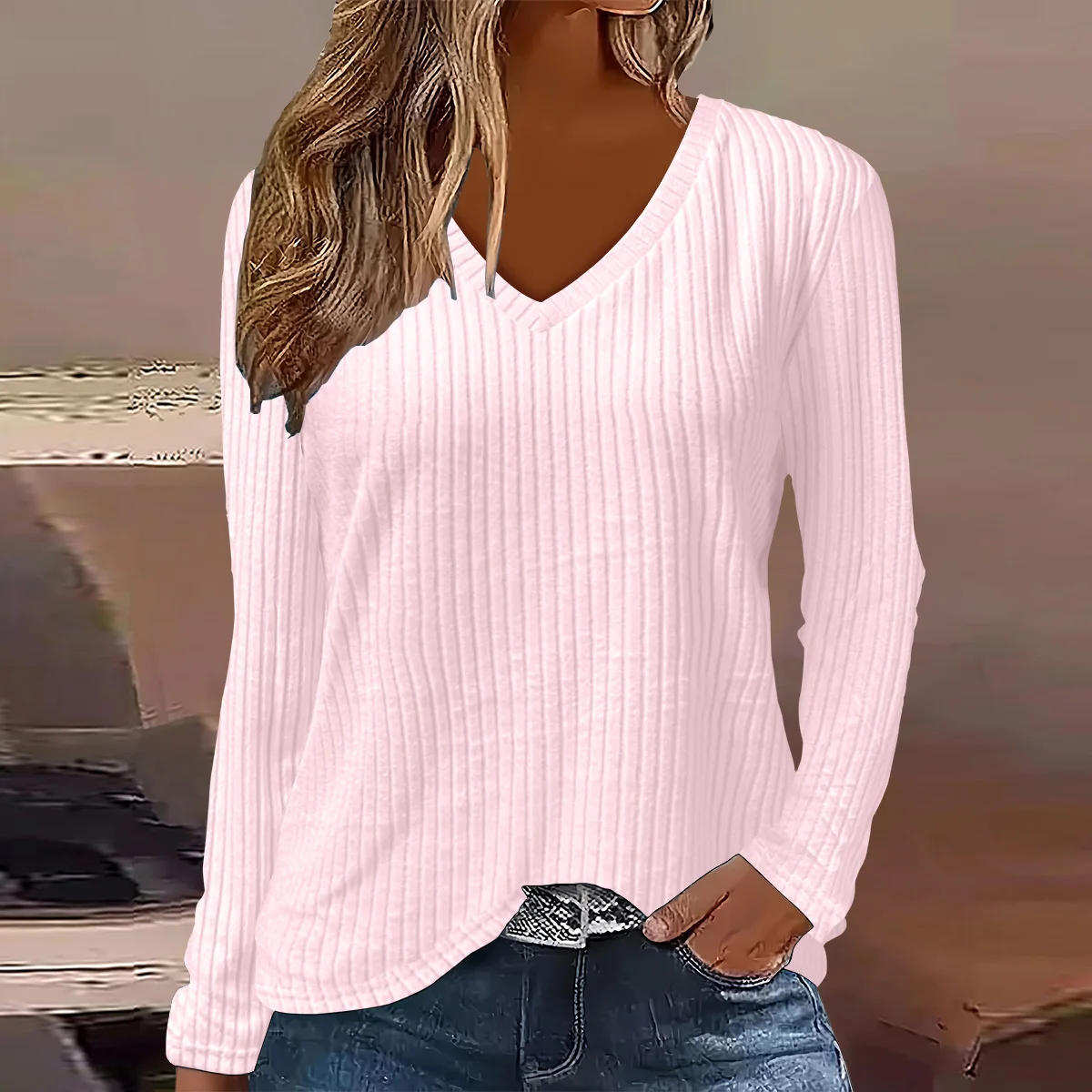 

2026 Европейская и американская модная женская осенне-зимняя вафельная футболка с v-образным вырезом