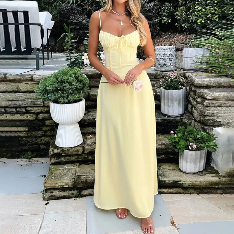 Robe longue élégante à bretelles, dos nu, mode d'été pour femmes, col rond, smockée, couleur unie, Slim, robe de soirée, nouvelle collection 2025