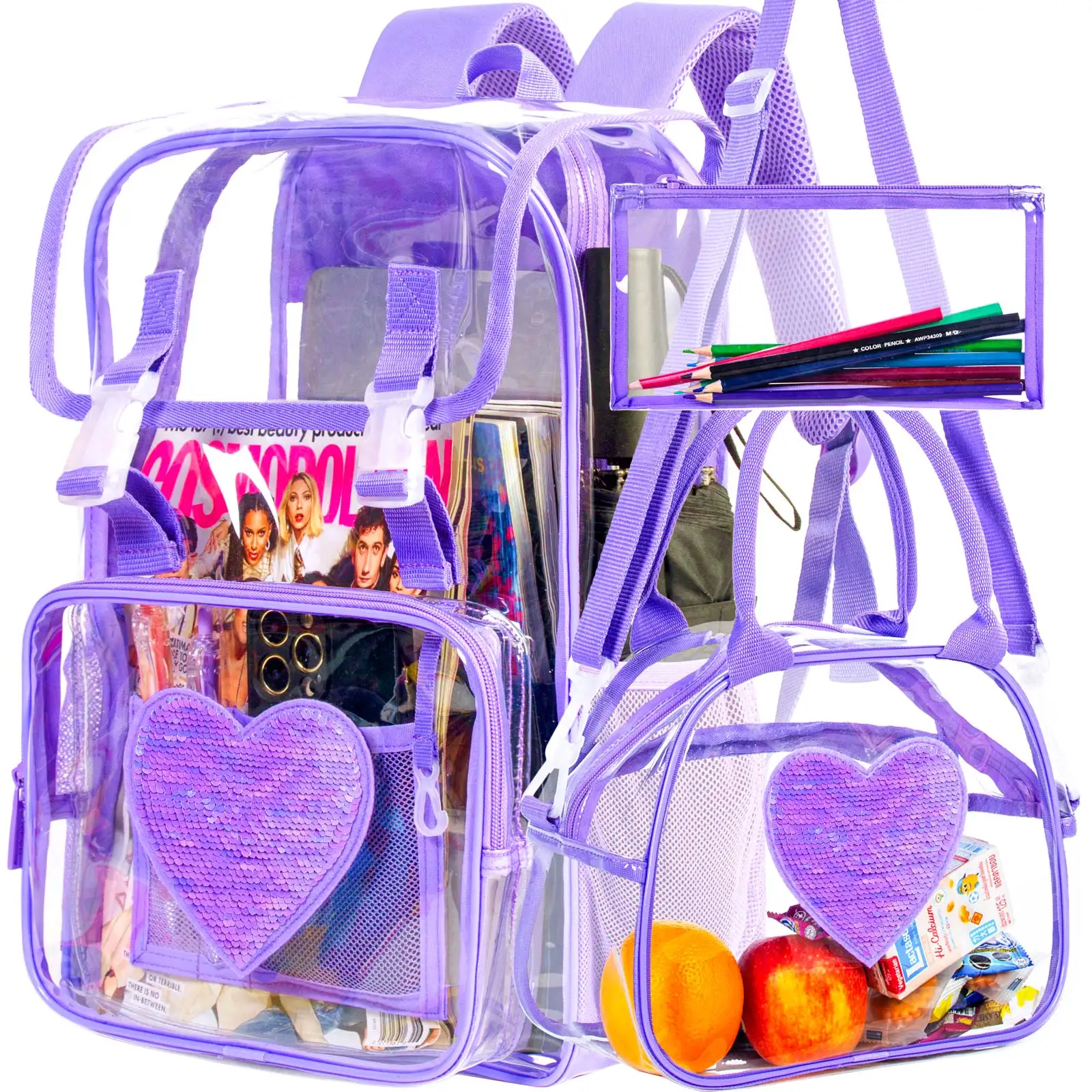 

3PCS Clear Backpack, Heavy Duty Transparent Bookbag for Girls Women, Stadium Approved See Through Backpack Set (Purple Sequins)