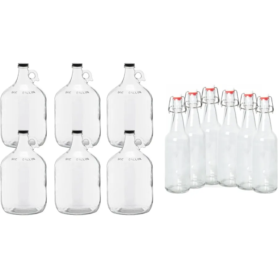 

Прозрачные стеклянные кувшины емкостью 1 галлон (128 унций) (упаковка из 6 шт.) с крышкой диаметром 38 мм и упаковкой из 6 прозрачных закусочных продуктов емкостью 16–20 унций с откидной крышкой, герметичный силикон