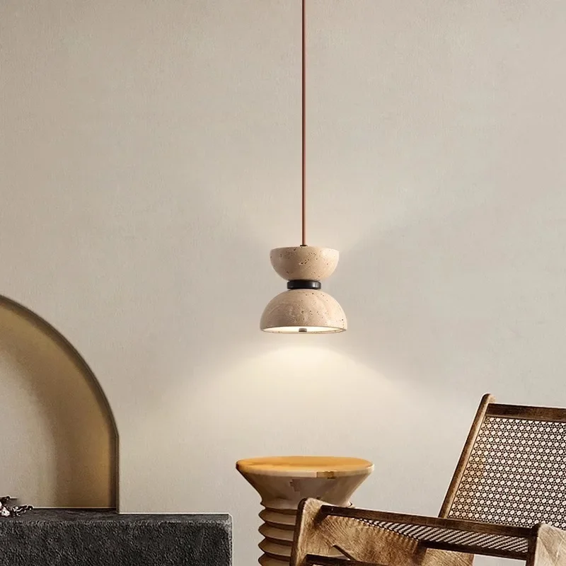 Janpanese Wabi-sabi Travertine Limestone Stone Long Line LED Pendant Lights Indoor Lamps for Bedroom Home Decoration Chandeliers