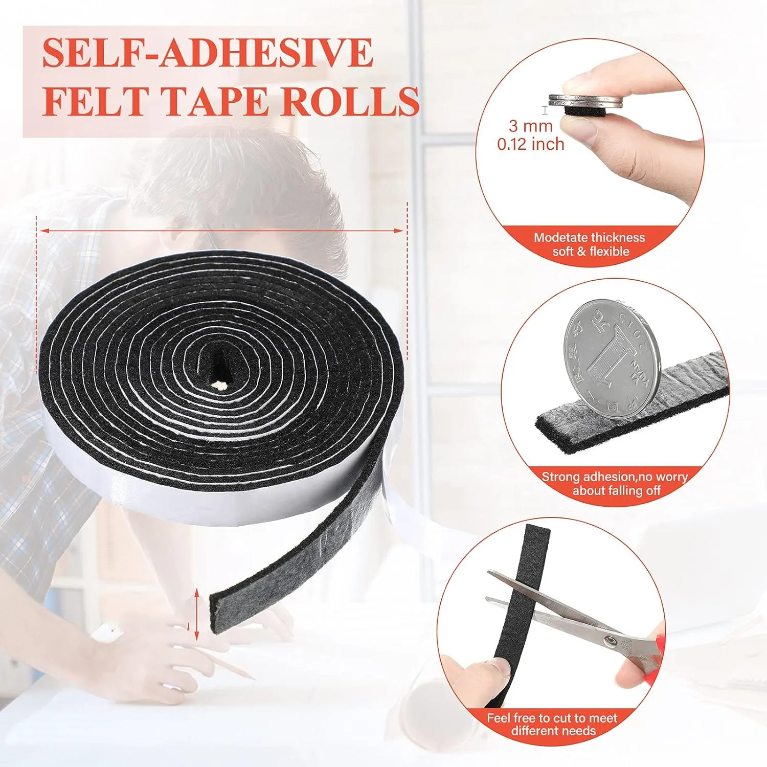 

Felt Strip with Adhesive Backing Felt Tapes Furniture Felt Strip Rolls Self Stick Heavy Duty Polyester for Protecting Furniture